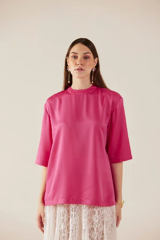Huge Savings Sugar Plum Satin Pink Crew Neck Top