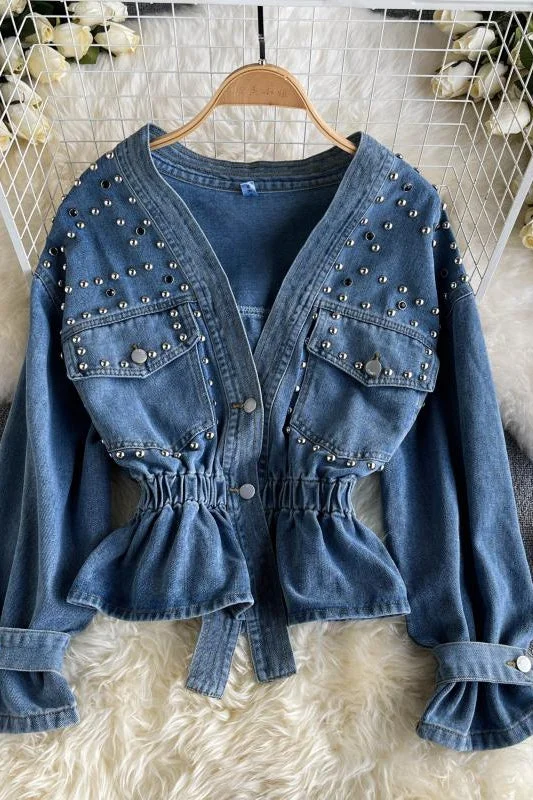 Blowout Sale Waistband V-neck heavy industrial nail bead diamond design sense of minority denim jacket  1490
