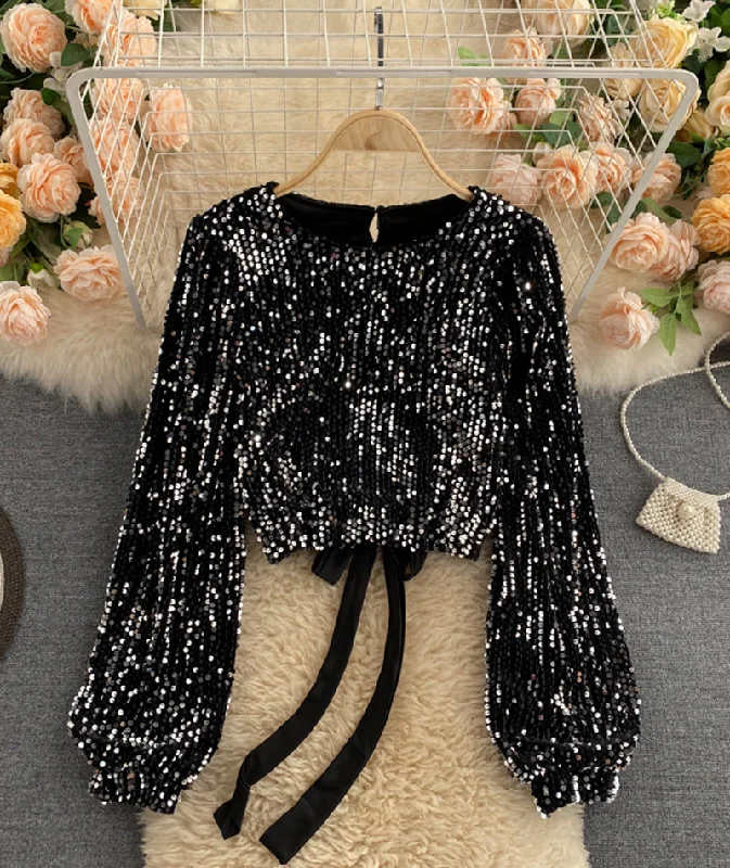 Today Only Shiny long sleeve sequins tops open back tops  368