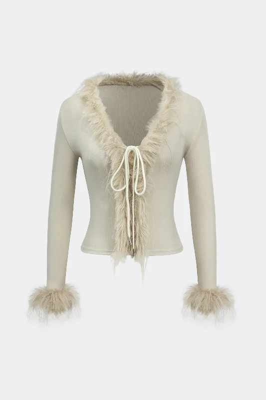 Unbeatable Prices Knit Patchwork Faux Fur Tie-Up Long-Sleeve Top