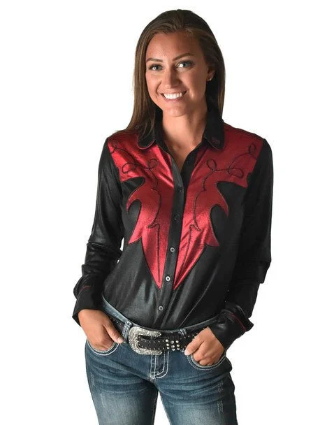 Exclusive Deal Cowgirl Tuff Womens Western Metallic Black/Red Polyester L/S Shirt