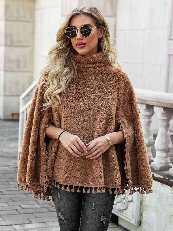 Instant Savings TastyHottie - Full Size Turtleneck Tassel Hem Poncho