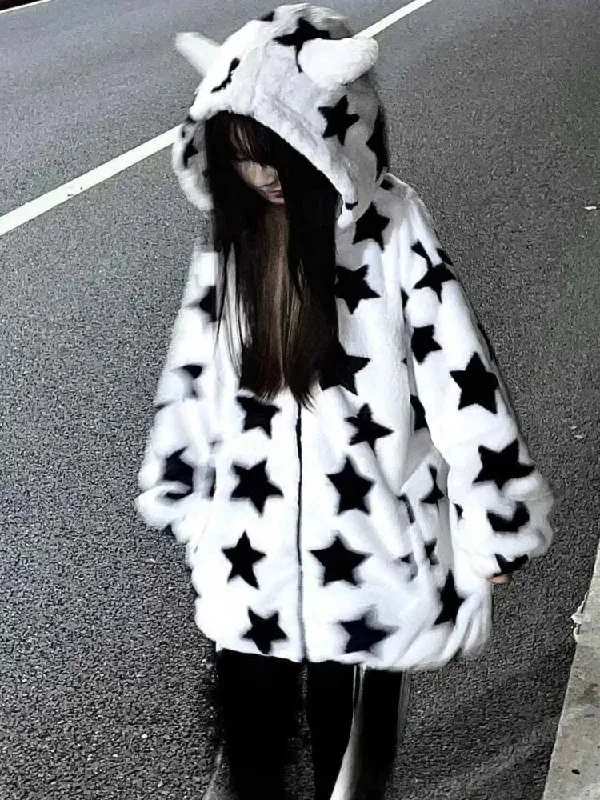 Deal of the Day Fuzzy Star Oversized Zip Up Hoodie