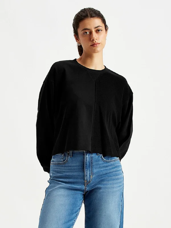 Weekend Bargains to Snag Women's Solid Black Crew Neck Sweatshirt