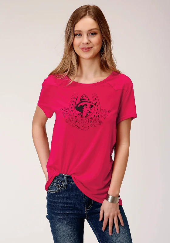 Can't Miss Roper Womens Red Poly/Rayon Horseshoe S/S Cowgirl T-Shirt