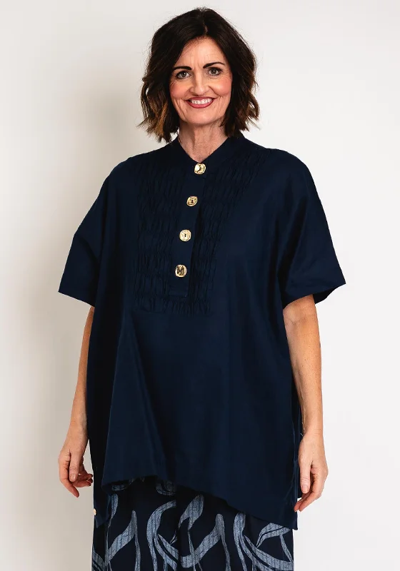 Savings Alert Malissa J One Size Ruched Linen Shirt, Navy