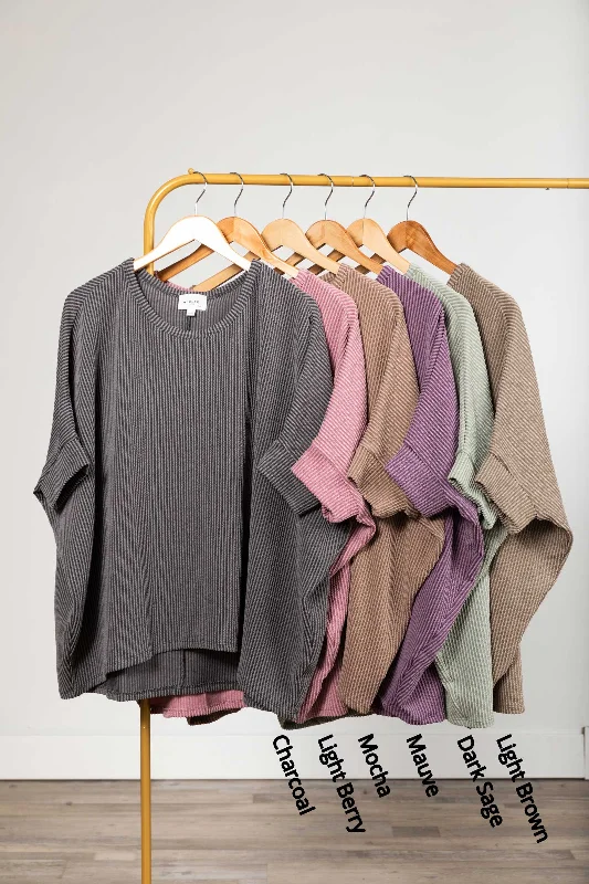 Cash Savings Solid Raised Ribbed Dolman Sleeve Knit Top