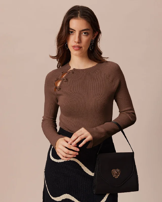 Bonus Offer The Brown Ribbed Cut Out Bowknot Knit Top