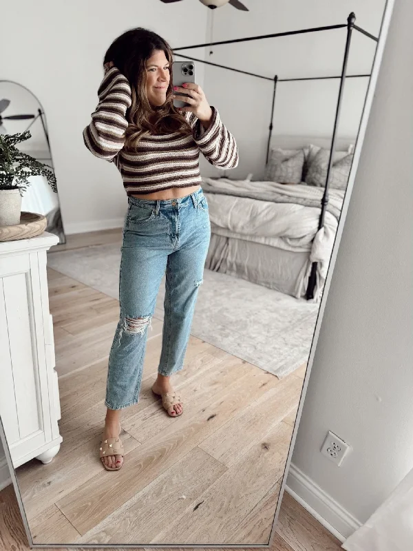 Weekend Offers That Excite Brown Crochet Striped Sweater - FINAL SALE