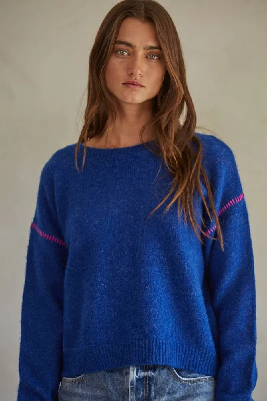 Weekend Offers That Shine Royal Blue Drop Sleeve Pink Stitch Sweater
