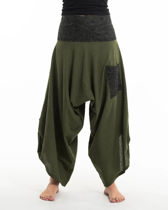 Markdown Madness Unisex Button Up Cotton Pants with Hill Tribe Trim in Olive