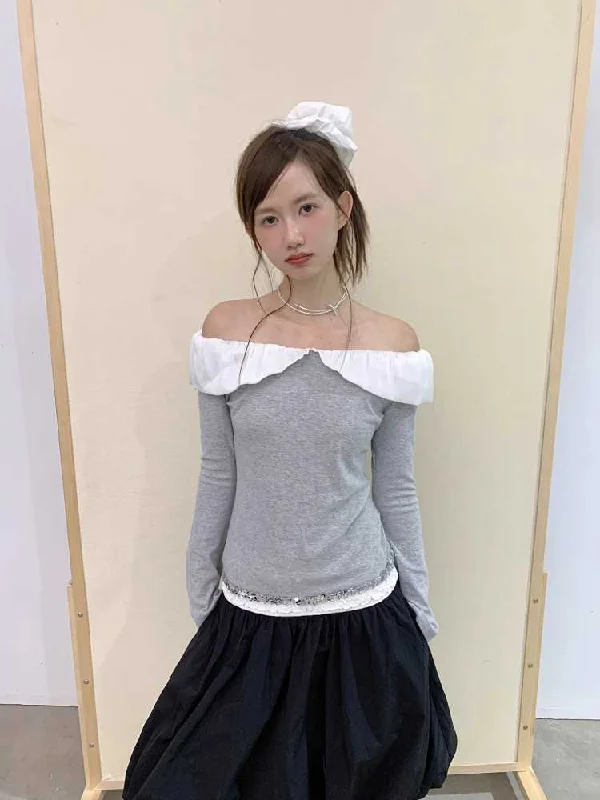 Weekend Discounts to Delight Sweet One-Shoulder Long-Sleeve T-Shirt [S0000010372]