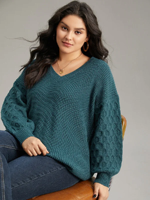 Super Bargain Solid Cable Knit V Neck Drop Shoulder Pullover