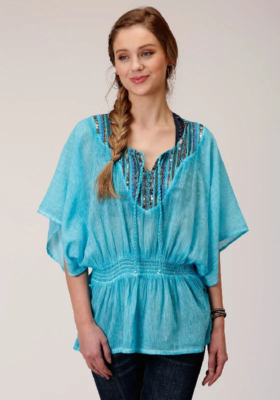 Buy Now Roper Womens Turquoise 100% Cotton Peasant Top S/S Tunic