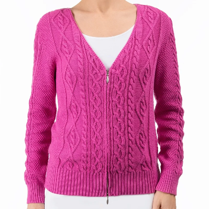 Weekend Savings Sensation Cotton Cable Zip Cardigan in Fuxia