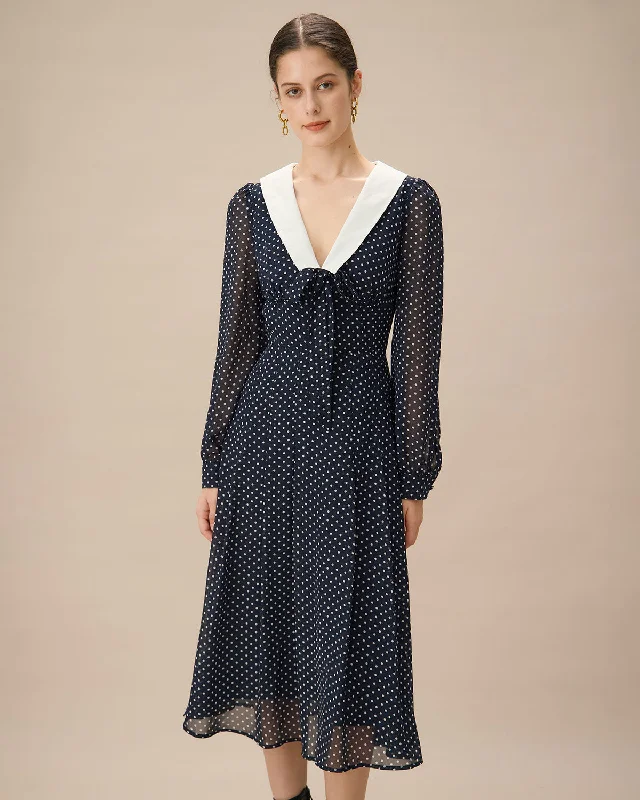 Weekend Savings Spectacle Navy Contrasting V Neck Chiffon Midi Dress