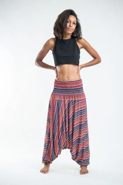 Season Finale Sale Unisex Aztec Stripes Drop Crotch Jumpsuit Harem Pants in Peach