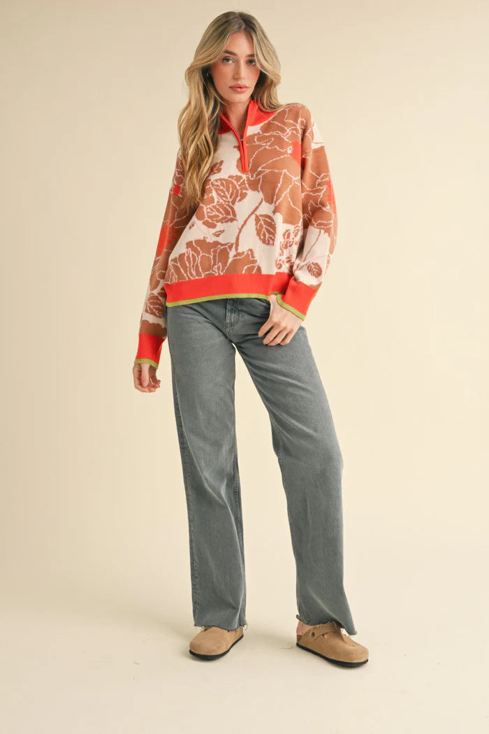 New Markdowns Floral Half Zip Sweater