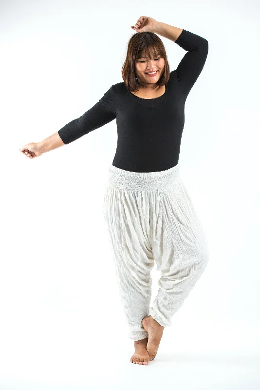 Year-End Sale Plus Size Unisex Crinkled Cotton Harem Pants in White