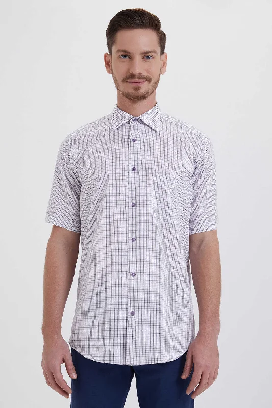 Regular Fit Plaid Cotton Purple Dress Shirt