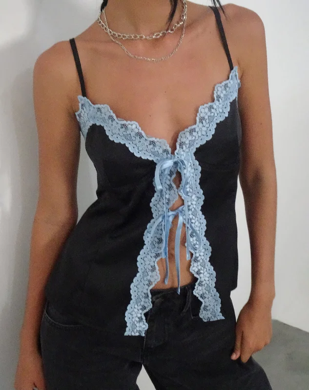 Bargain Blast Bahela Tie Front Cami Top in Black with Blue Lace