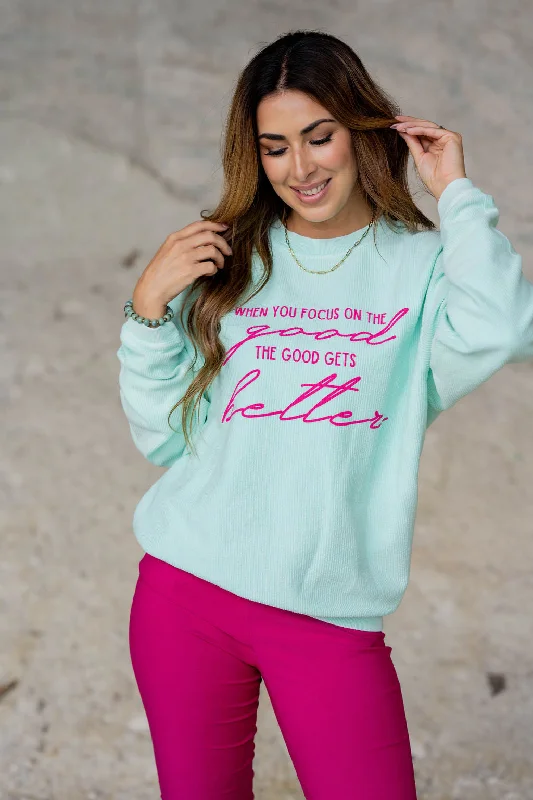 Weekend Bargains Just for You Focus On The Good Ribbed Graphic Crewneck