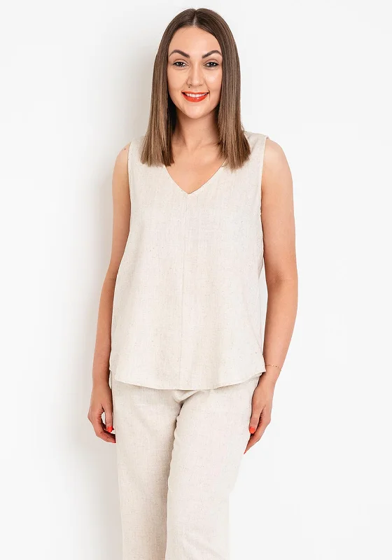 Act Fast Fransa Juna Linen Blend V Neck Top, Beige