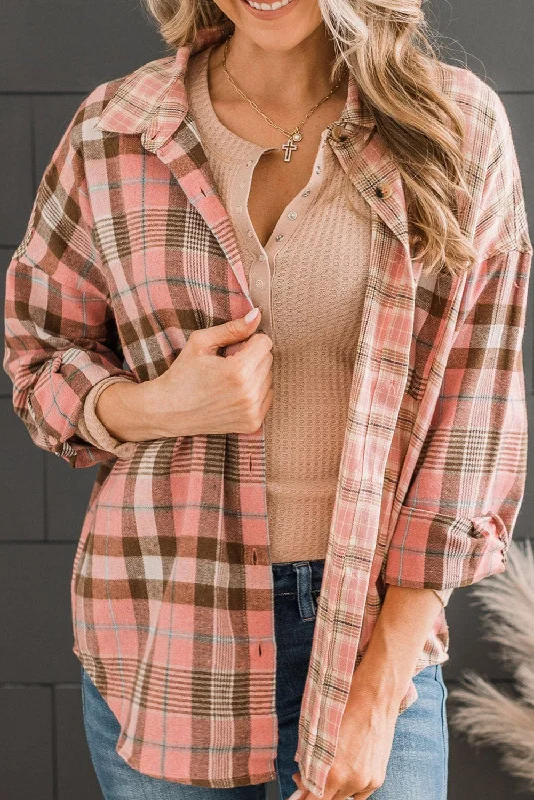 Great Deals Pink Drop Shoulder Rounded Hem Plaid Pattern Shirt