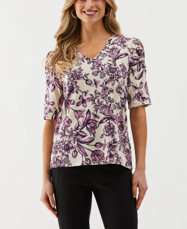 Special Price Floral Print Puff Elbow Sleeve Top