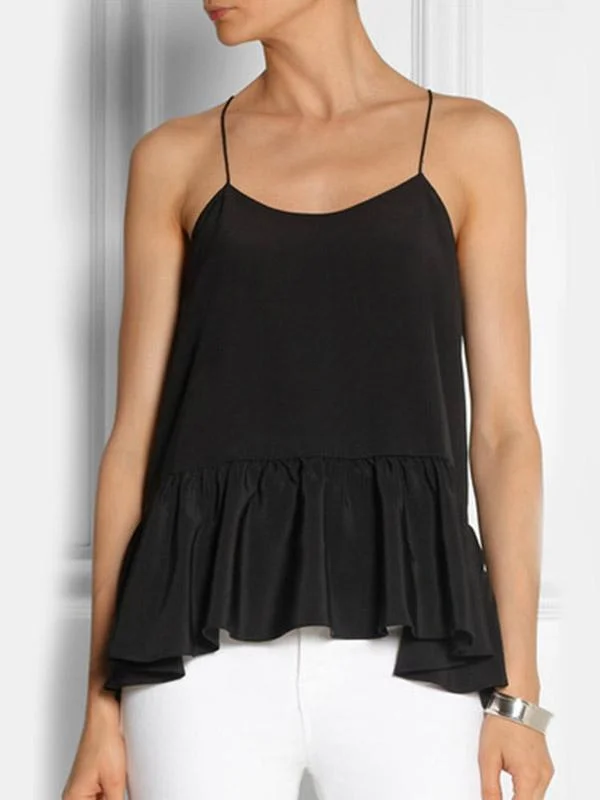 Overstock Sale Custom Pleated Sleeveless Ruffle Hem Black Camis