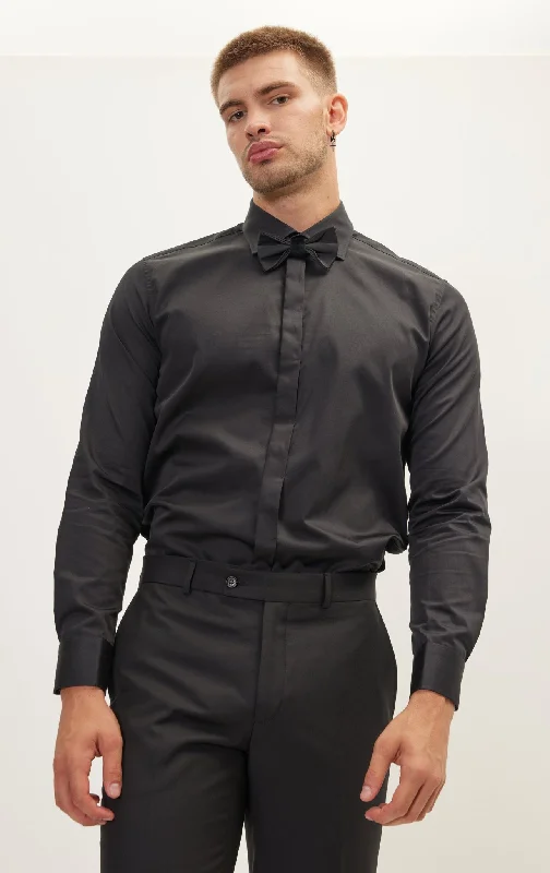 Pure Cotton Hidden Placket Dress Shirt - Black