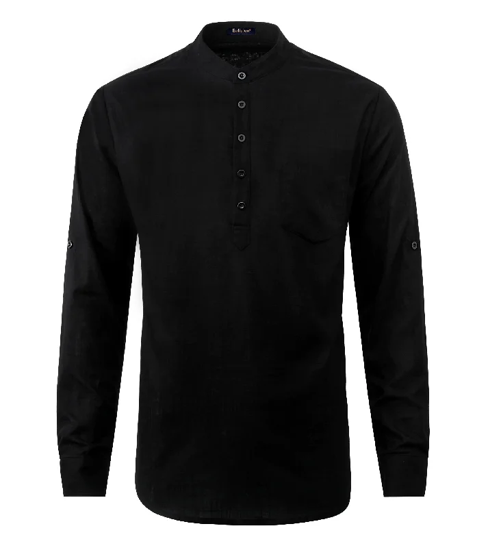 Men‘s Henley Shirt Cotton Linen with Pocket - BLACK