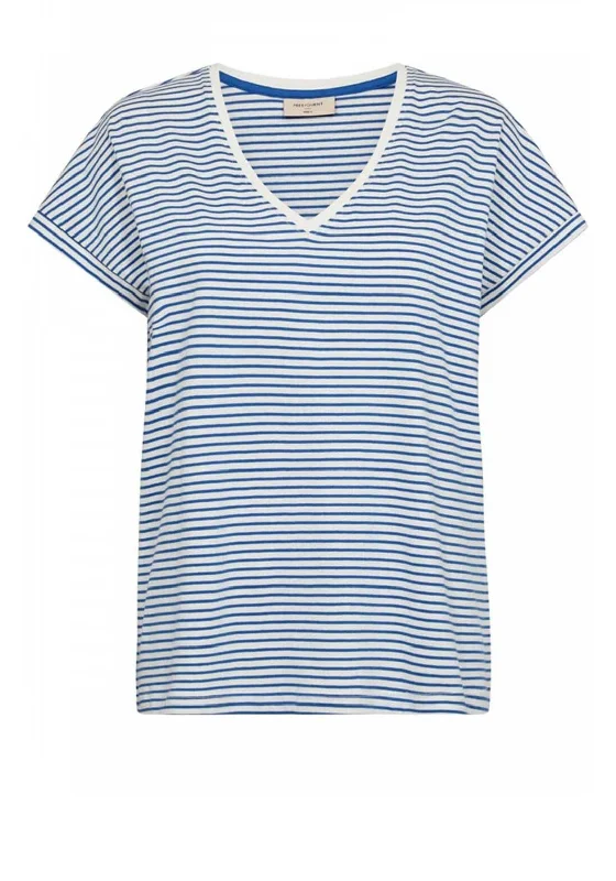 Act Fast Freequent Mian Stripe V-Neck T-Shirt, Off White & Nebulas Blue