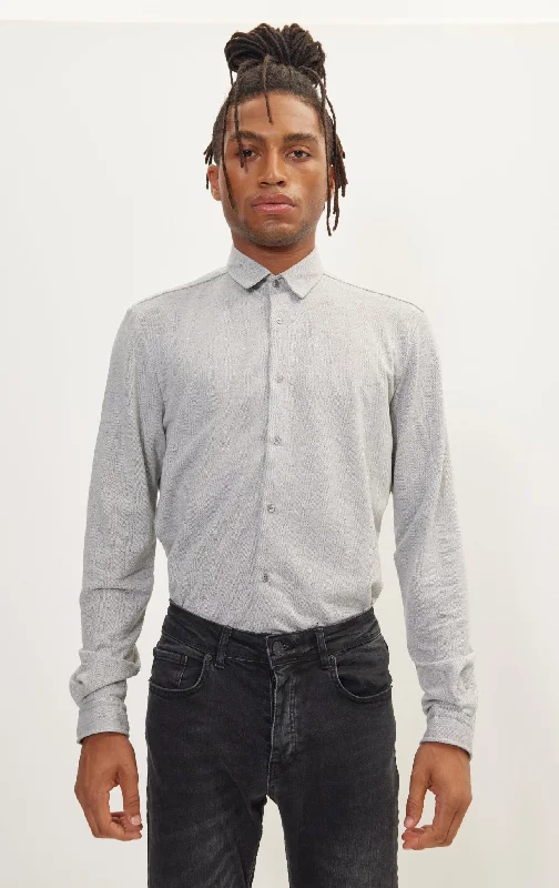 Pure Cotton Knit Travel Shirt - Grey Melange