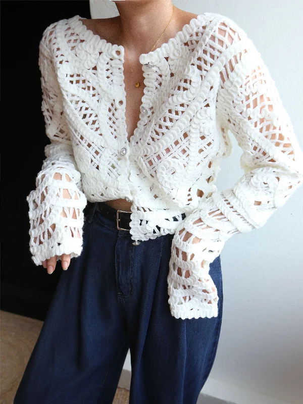 Friends and Family Sale Crocheted Hollow Graceful Beaded Button Cardigan