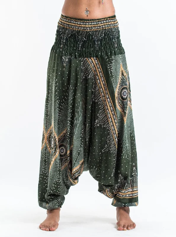 Weekend Deals That Spark Unisex Diamond Peacock Drop Crotch Jumpsuit Harem Pants in Green Weekend Deals That Spark Unisex Diamond Peacock Drop Crotch Jumpsuit Harem Pants in Green