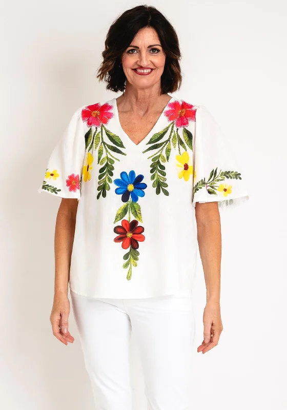 Steal Deal Serafina Collection One Size Floral Leaf Print Top, White & Pink