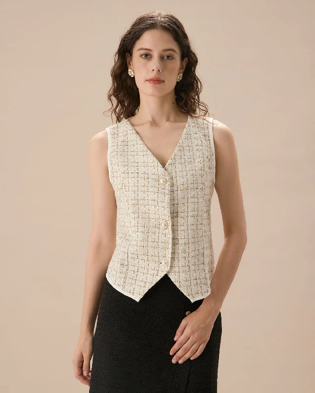 New Arrival Women's Apricot V-Neck Buttoned Tweed Vest