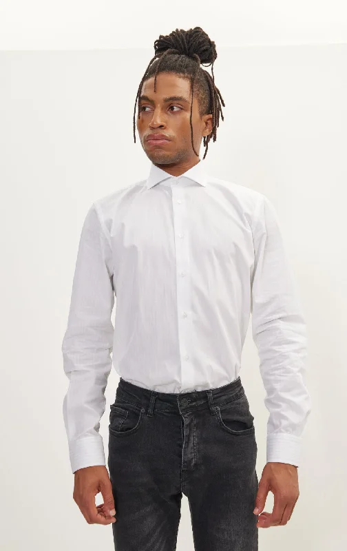 Pure Cotton French Placket Spread Collar Dress Shirt - White Bengal