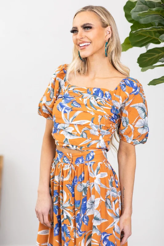 Great Bargain Orange and Cobalt Floral Square Neck Top