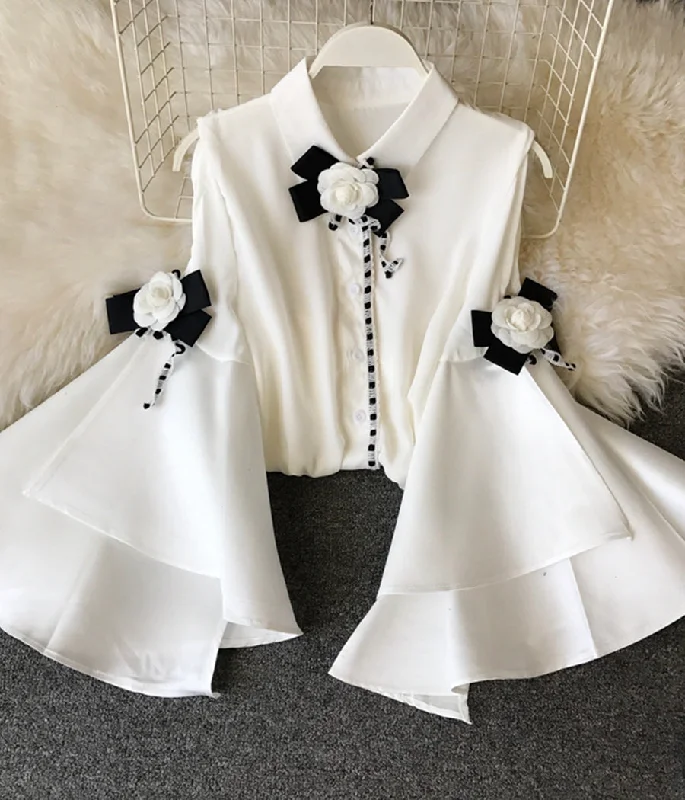 Steals and Deals Unique off-shoulder big flared sleeve long-sleeved chiffon top  389