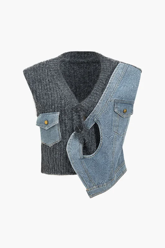 Value Deals Denim Patchwork  Asymmetrical Sweater Vest