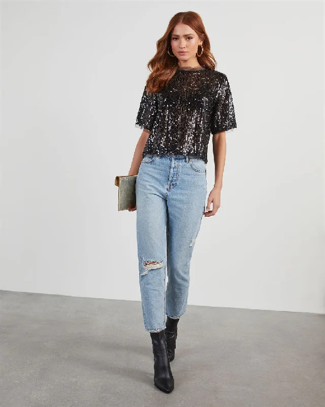 Massive Savings Flirtatious Sequin Short Sleeve Top