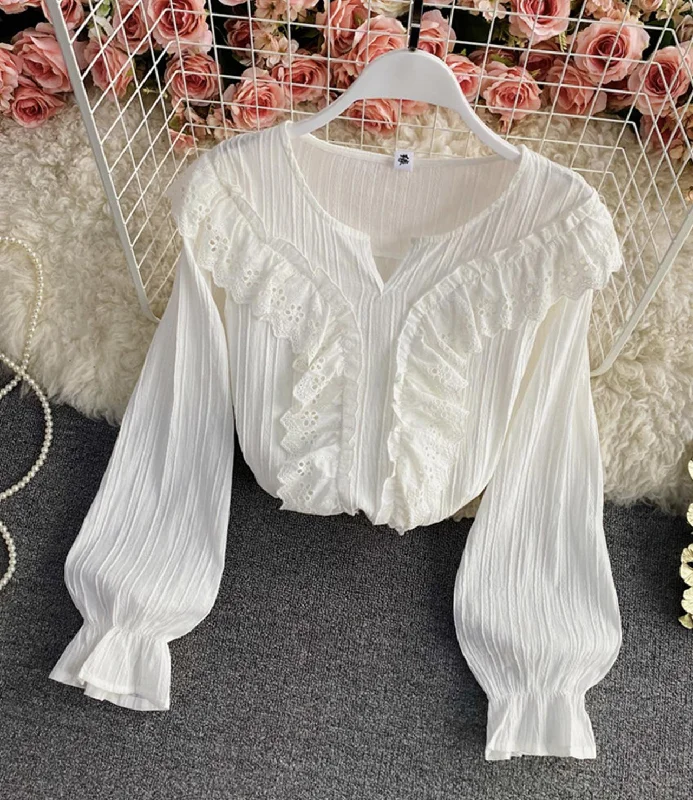 Bonus Offer White lace tops long sleeve tops  346