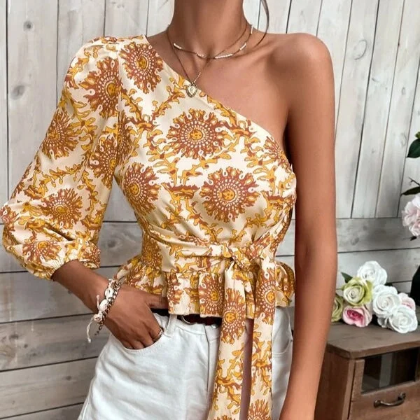 Daily Deals Mandala Print Balloon Sleeve Slanted Shoulder Ruffled Tie-Up Womens Shirts Fashion Wholesale Crop Tops