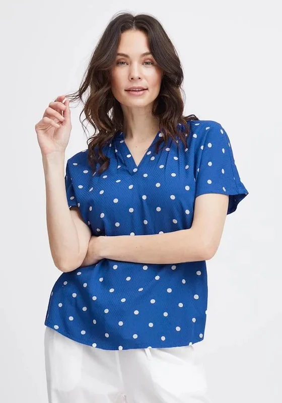 Super Sale Fransa Kamma Polka Dot V Neck Top, Blue