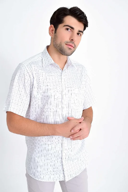 Classic Fit Short Sleeve Plaid Cotton Black Dress Shirt