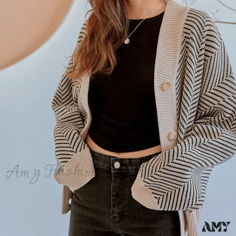 Customer Appreciation Sale Amy Fashion - Casual Knitted Cardigan Oversize Button Front Contrast Stripe Cardigan