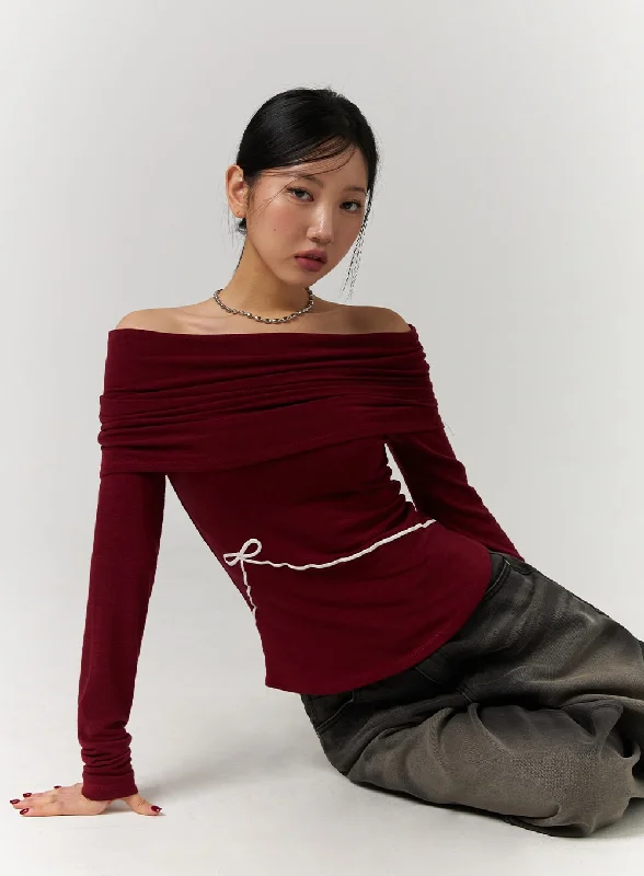 Flash Sale Off-Shoulder Solid Ruched Long Sleeve Top with Ribbon Detail CD329