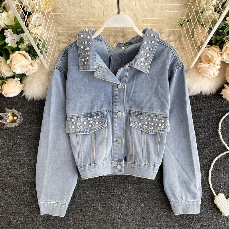 Online Specials Denim coat women's heavy industry Beaded coat  1535